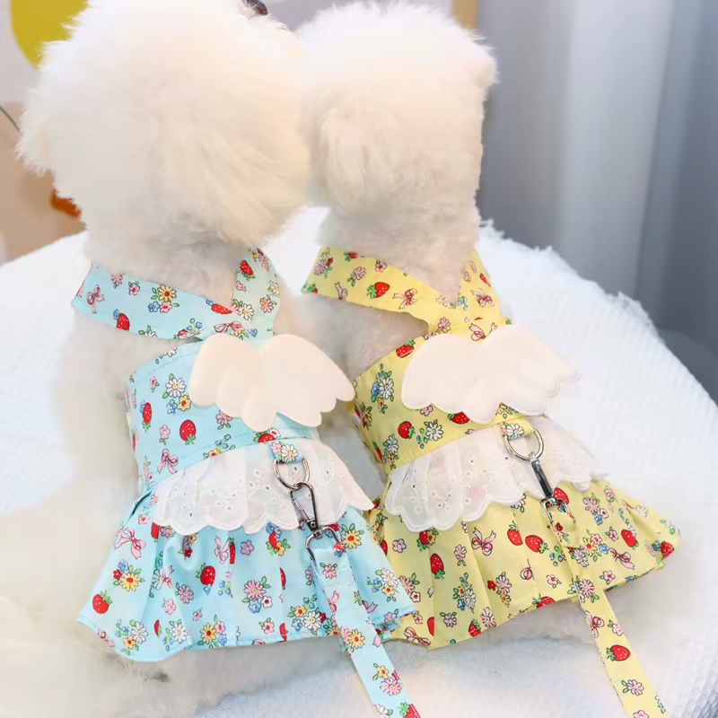 Arnés con falda floral y correa para perro – Chihuahua y Bichón