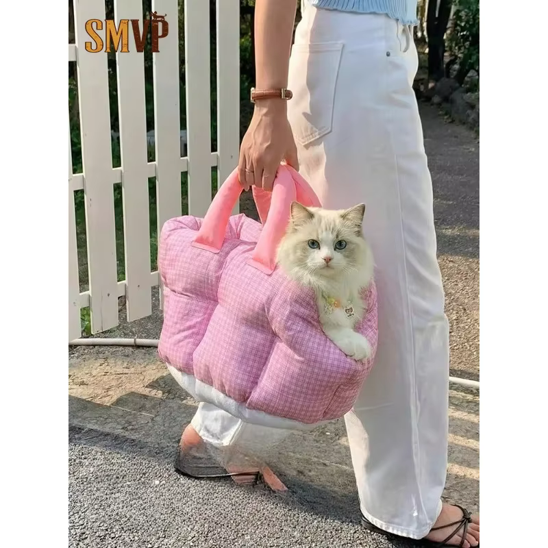 Mochila rosa a cuadros para transportar gatos y perros pequeños – Transpirable y lavable - imagen 5