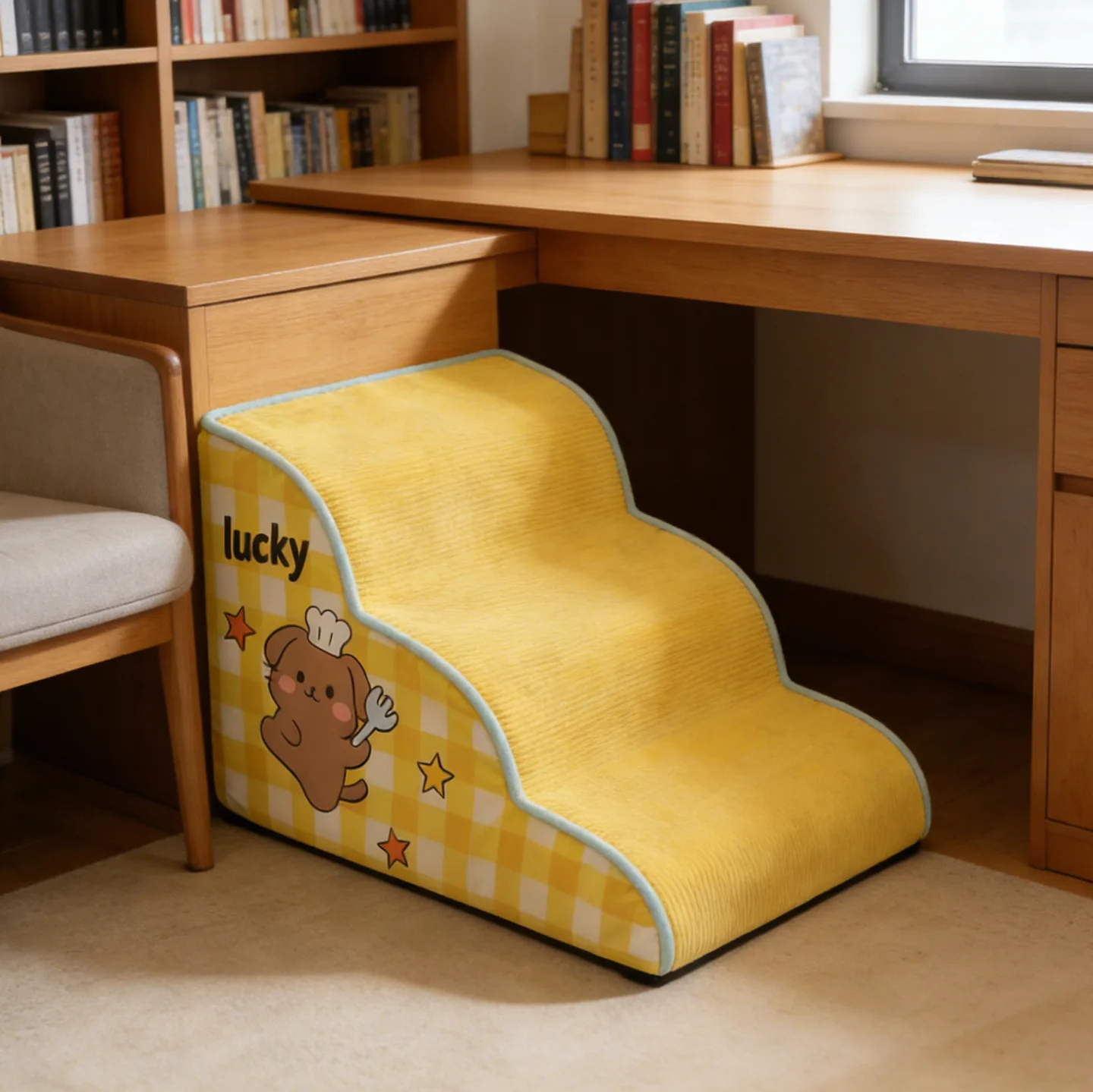 Escalera para perros pequeños junto a sofá