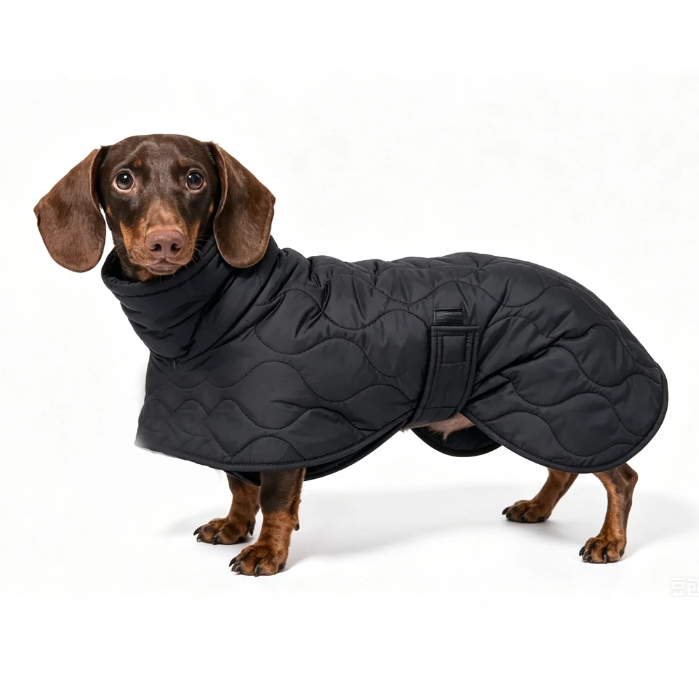 Perro salchicha feliz usando la chaqueta en exteriores