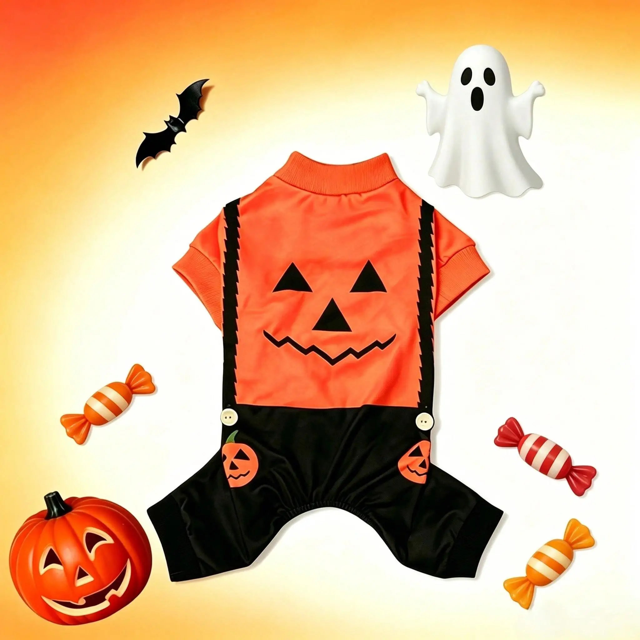 Perro mediano luciendo el pijama de Halloween en exteriores