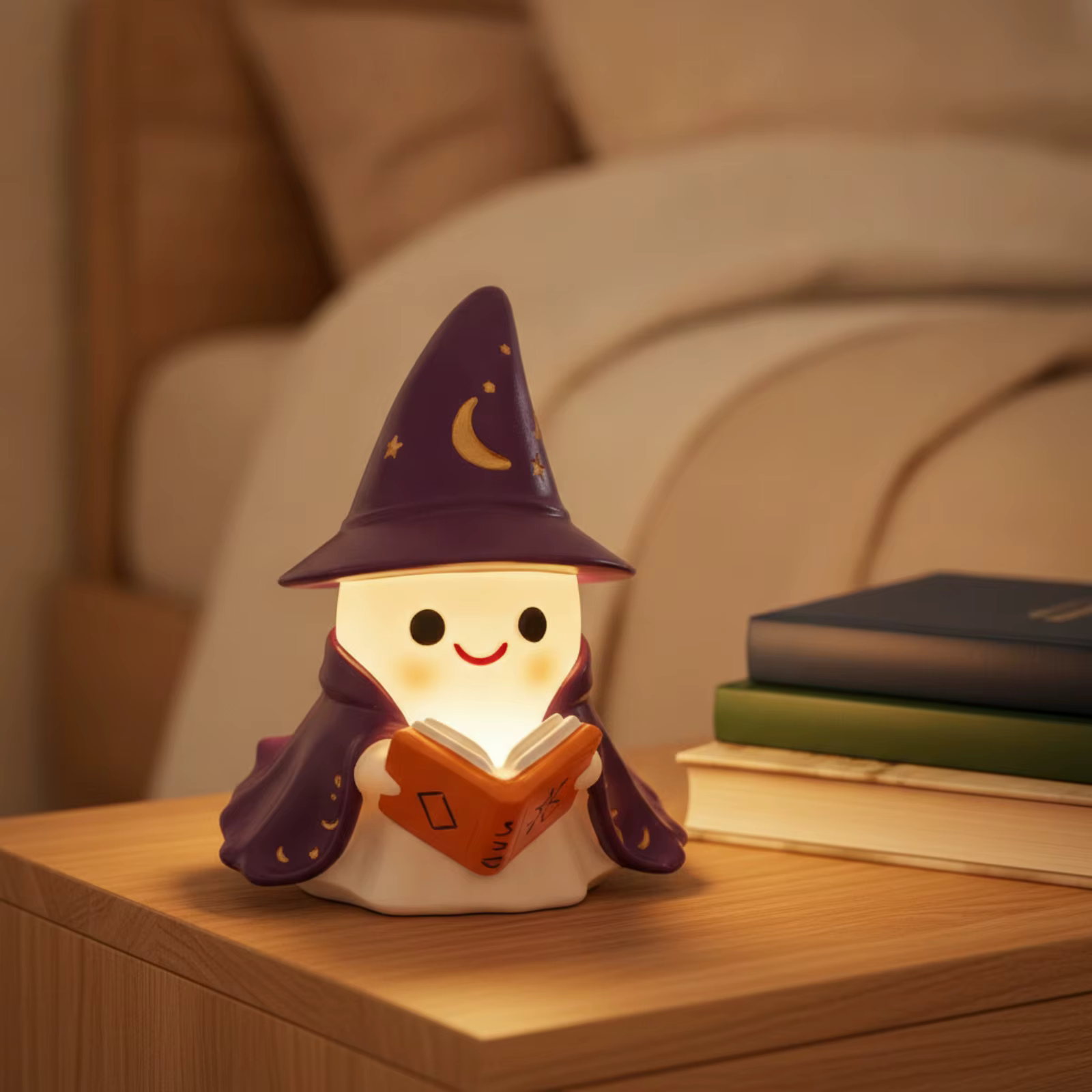 Figura Decorativa Fantasma Mago con Libro Brillante – Adorable para Mesa de Noche - imagen 2