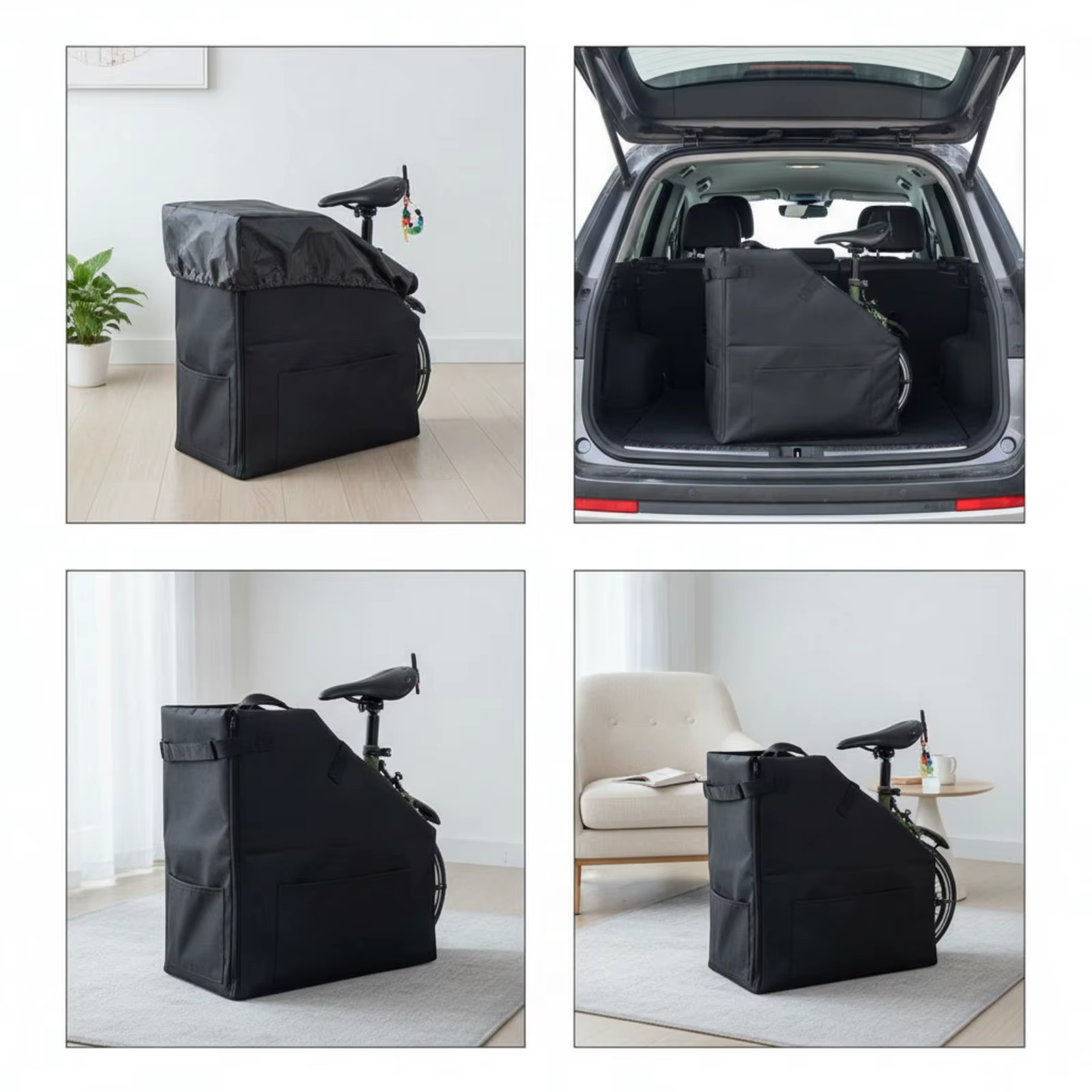Vista lateral de la funda con bicicleta plegable dentro