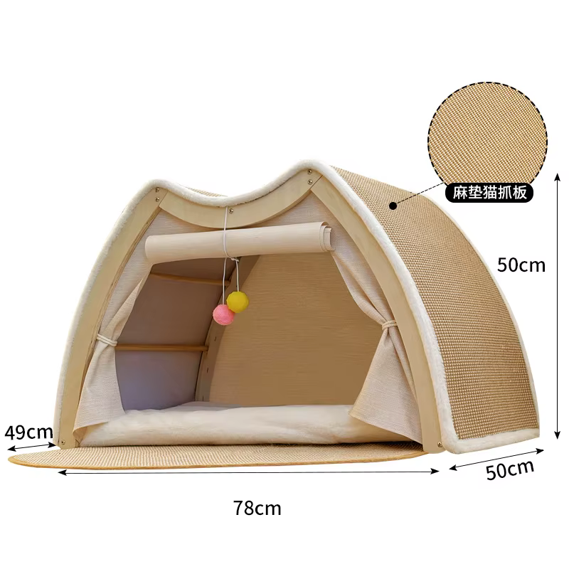 Casa para gatos cerrada con rascador de sisal integrado y madera