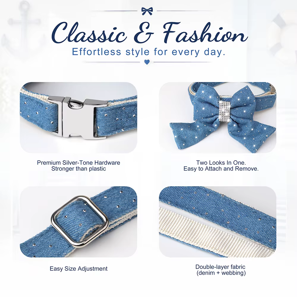 Collar personalizado para perros con nombre y lazo brillante de mezclilla - imagen 3