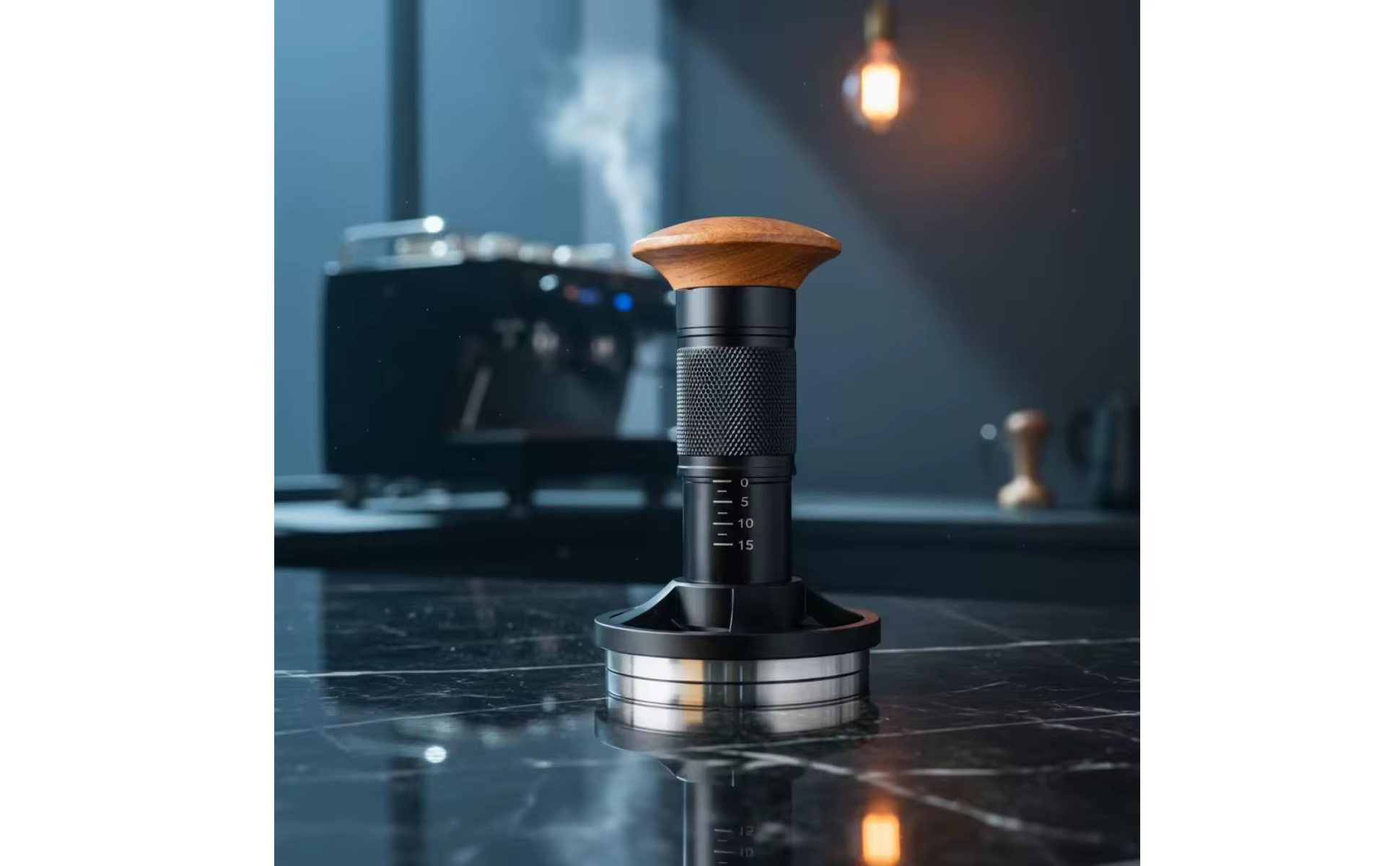 Prensa espresso con mango de madera durante su uso