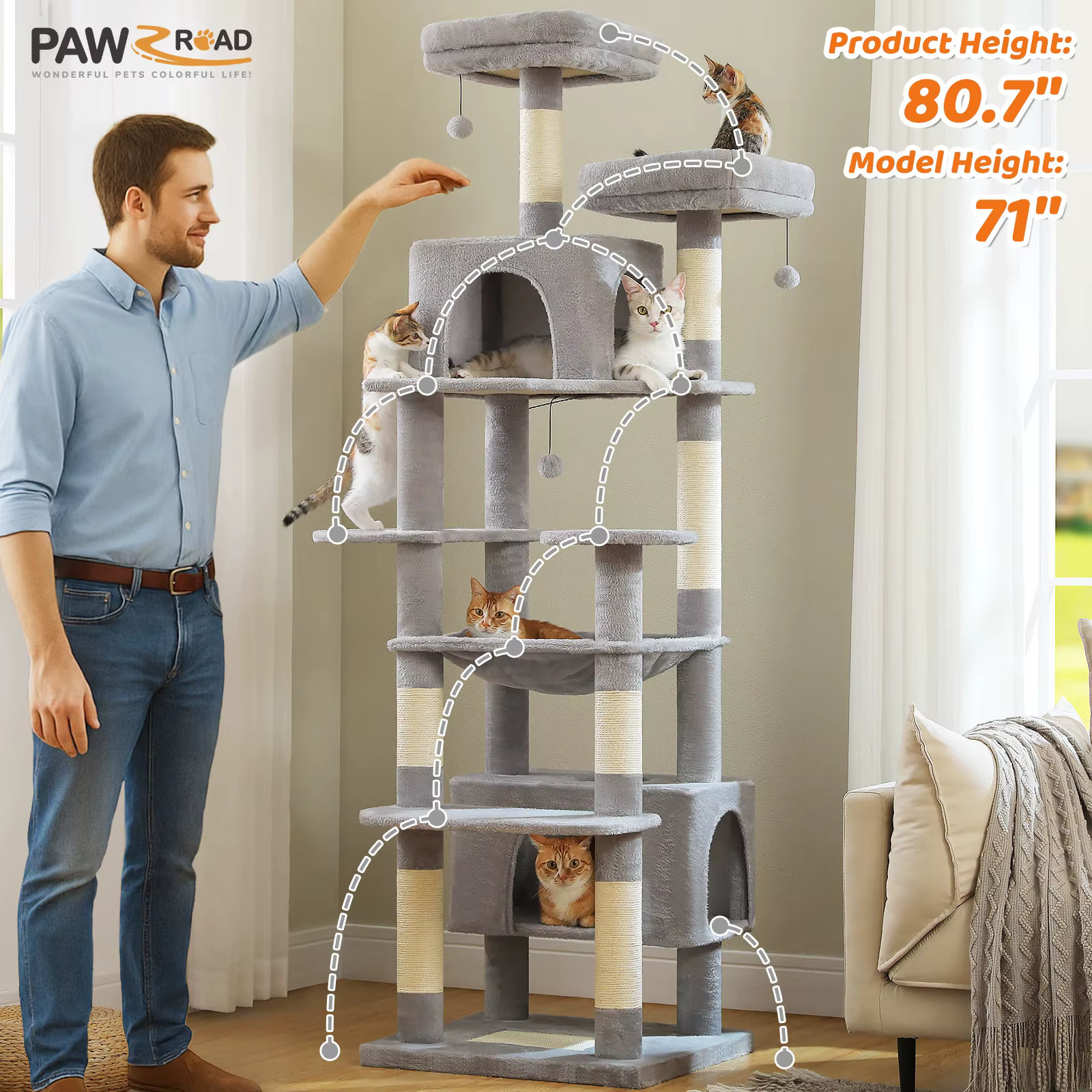 Árbol para gatos grandes 205 cm: doble condominio, hamaca XL y rascadores - imagen 3