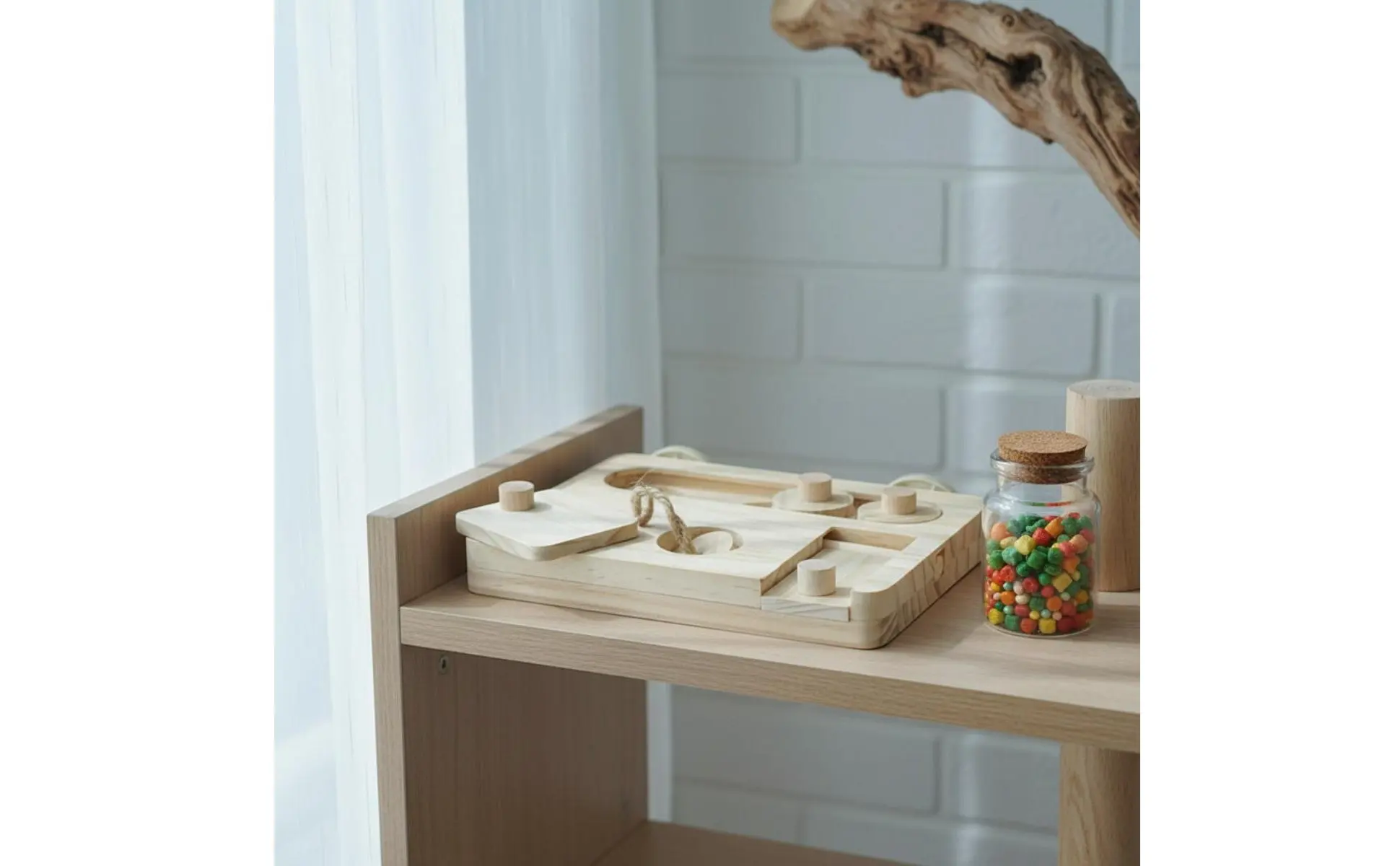 Juguete de madera con compartimentos de forrajeo para aves