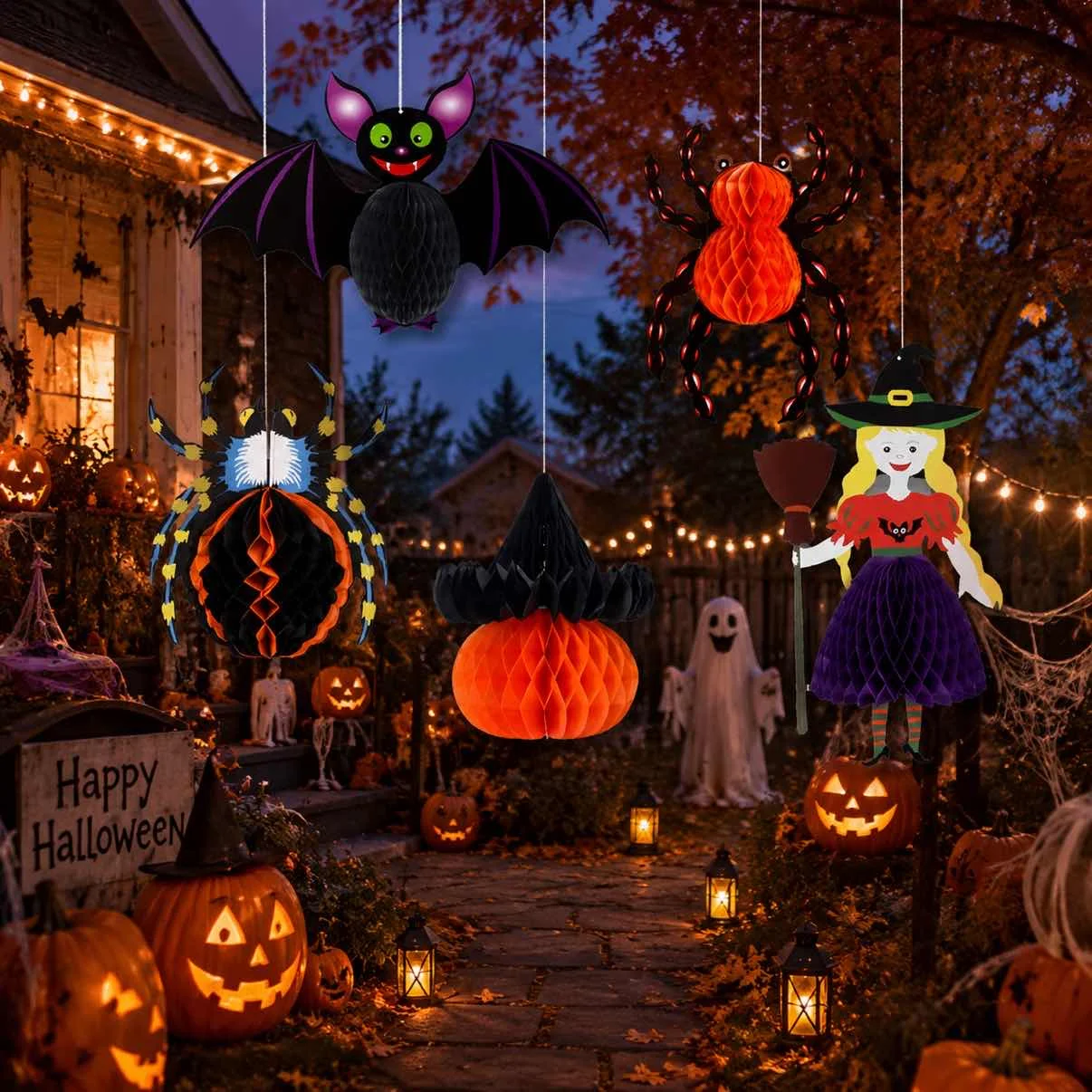 Adornos colgantes de panal de abeja con motivos de Halloween mostrando textura detallada