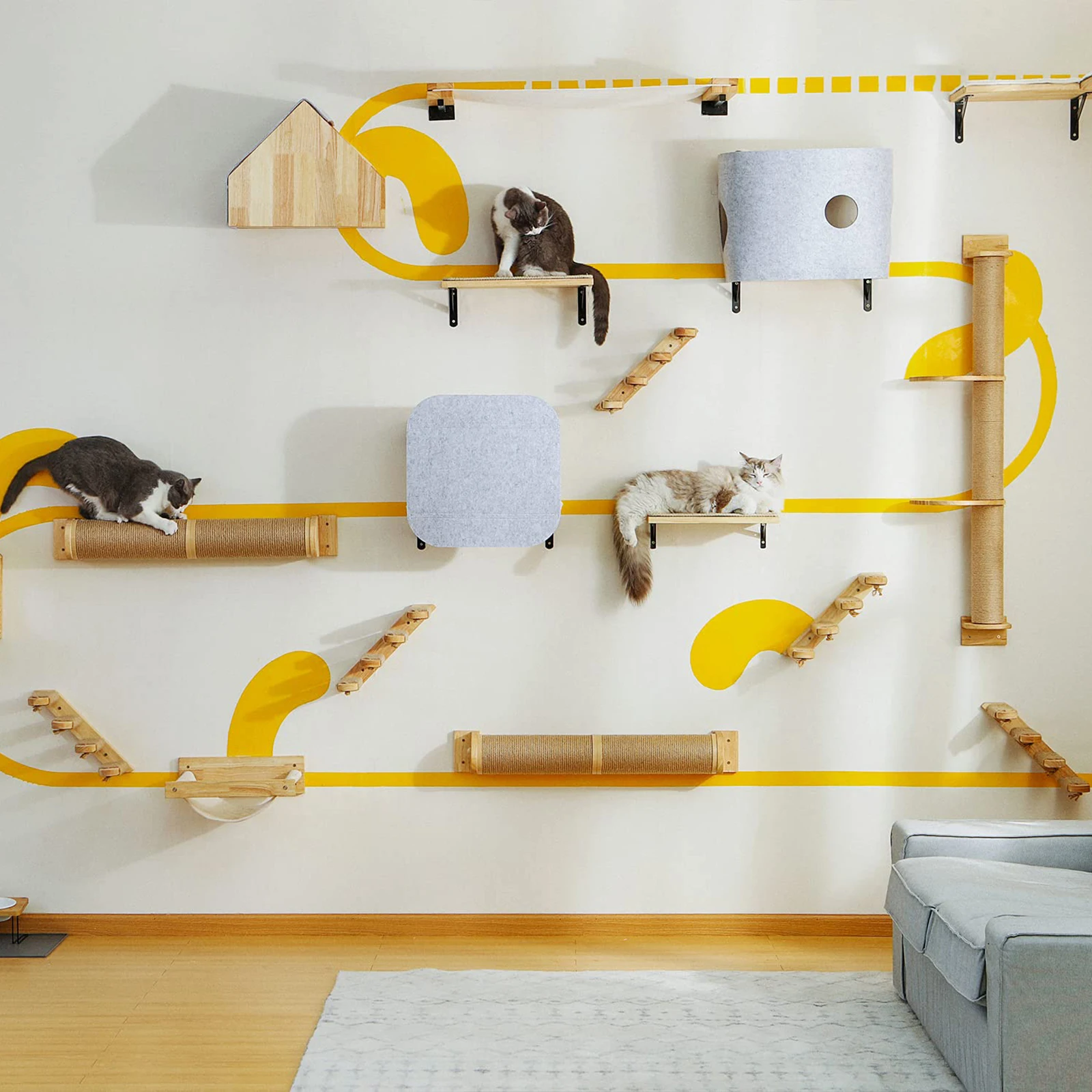 Rascador para gatos con estantes, hamaca y árbol de sisal - imagen 2