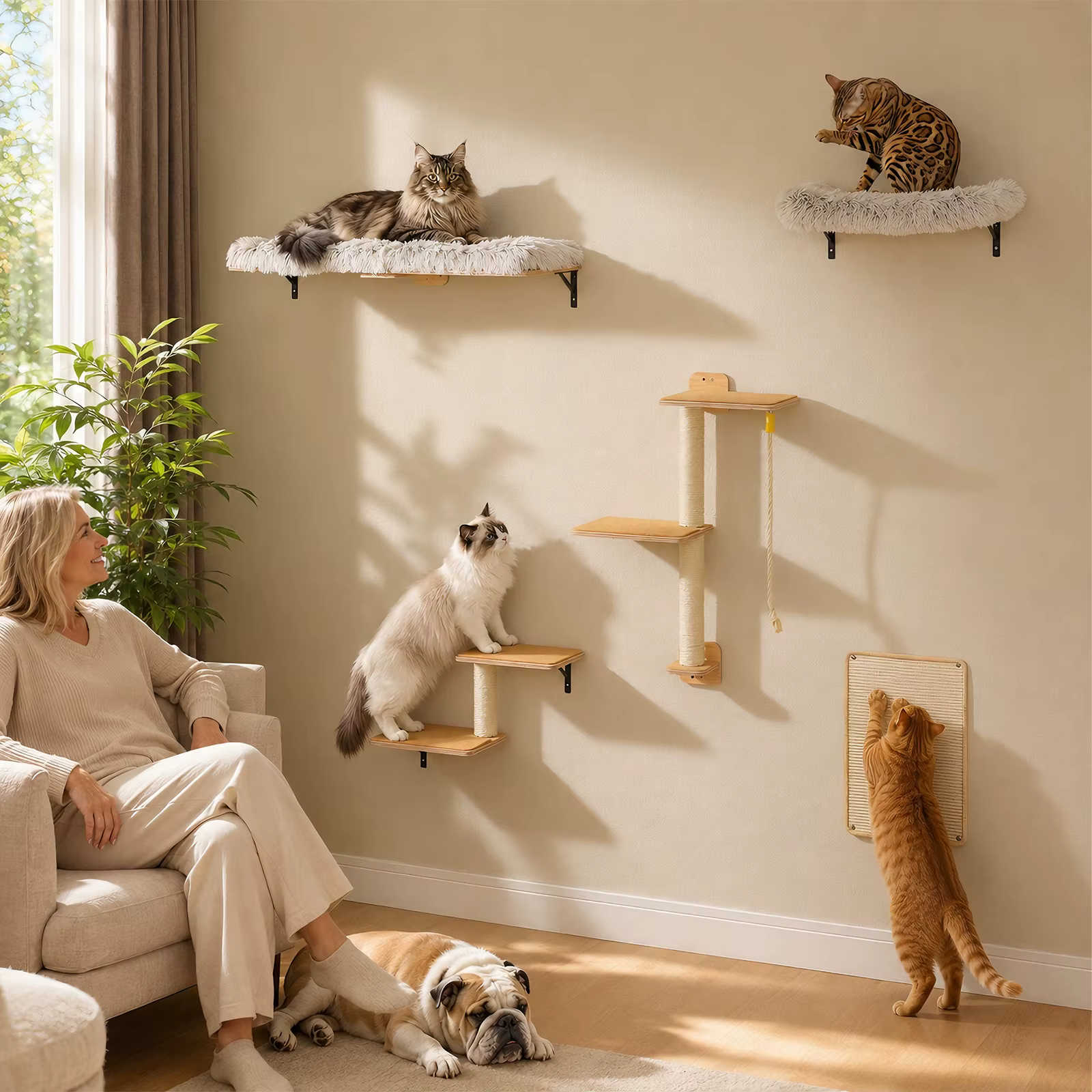 Rascador de pared para gatos: estantes y cuerdas de trepa interior - imagen 2