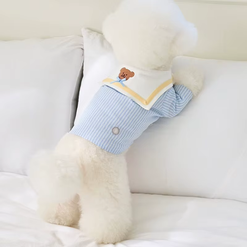 Sudadera a Rayas con Bordado Cartoon para Perros Pequeños y Gatos – Cuello Azul Marino - imagen 2