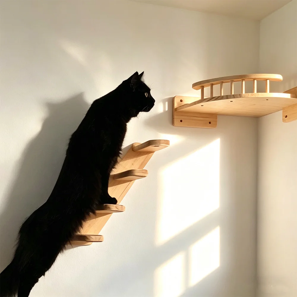 Estructura de escalada para gatos montada en pared de madera maciza
