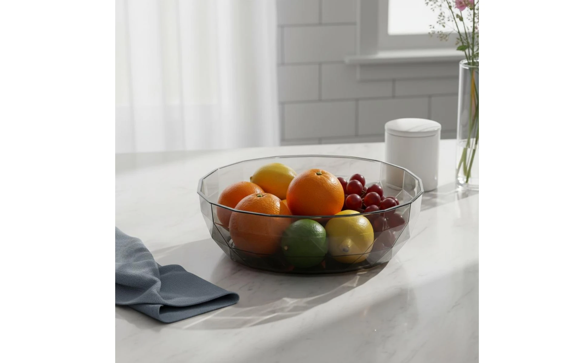 Frutero ovalado de cristal facetado, forma poco profunda