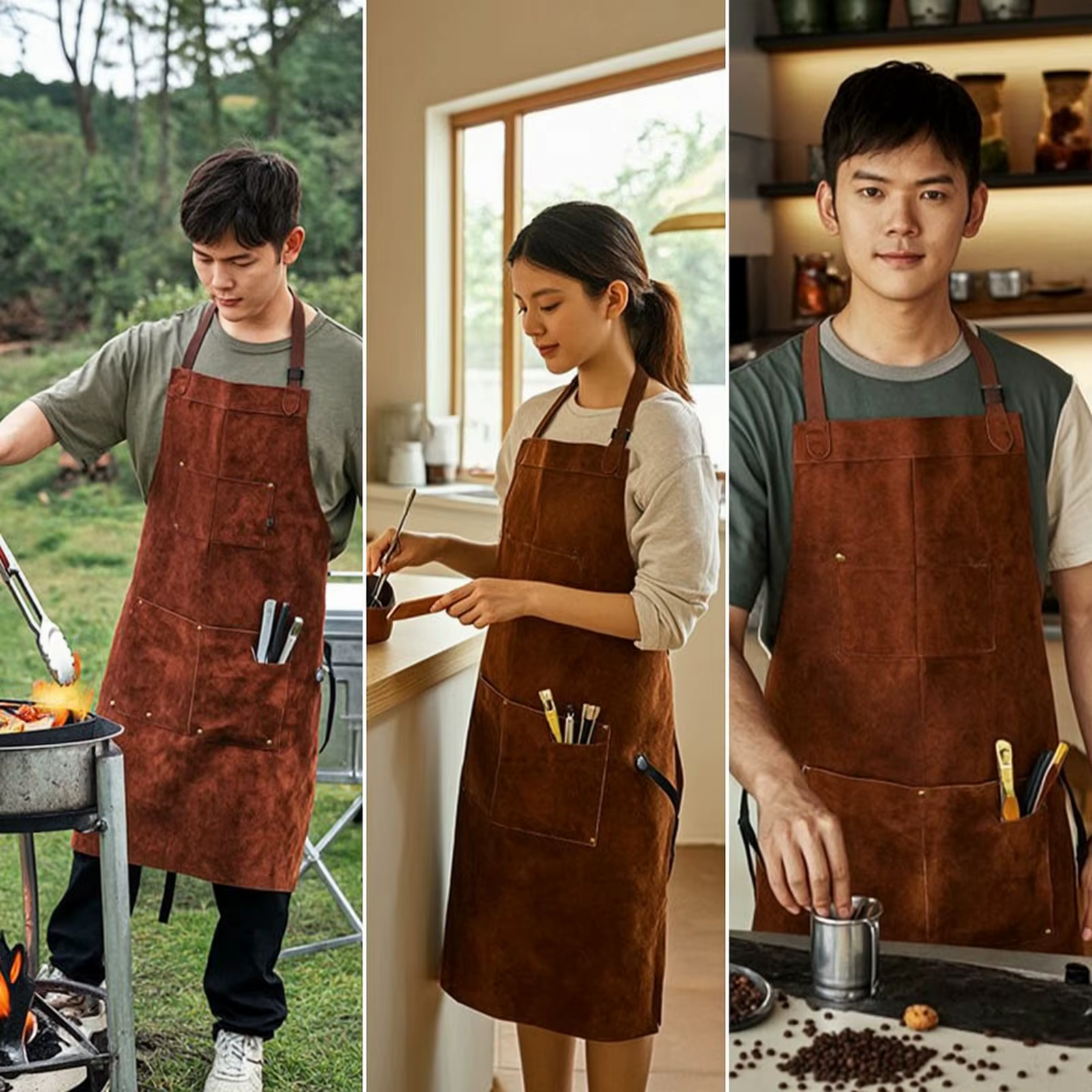Delantal de cuero vacuno con bolsillos para barbacoa y bricolaje - imagen 3