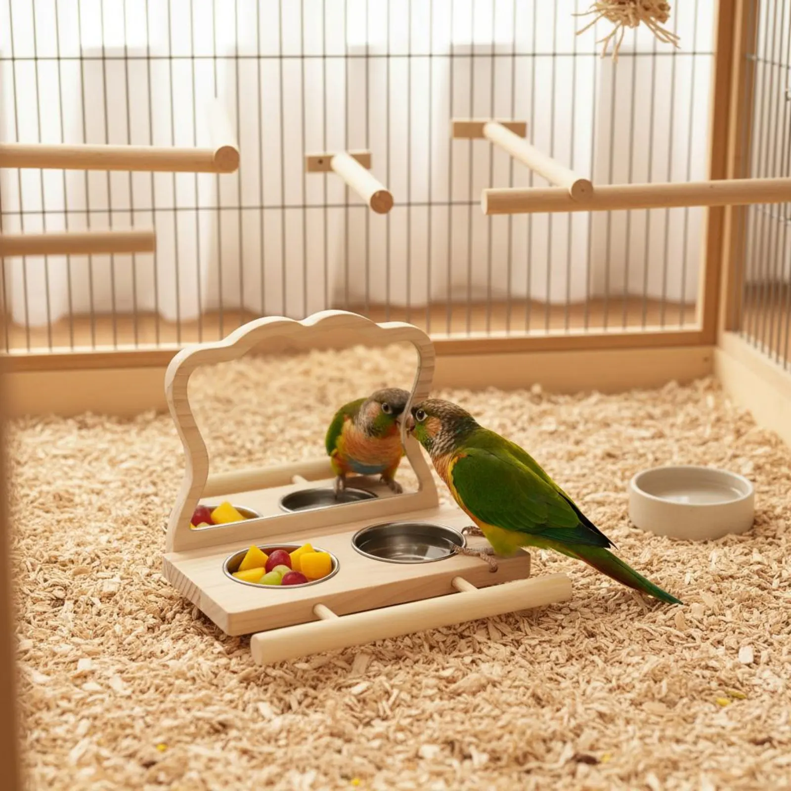 Estación de alimentación con espejo para loros, comedero madera - imagen 4