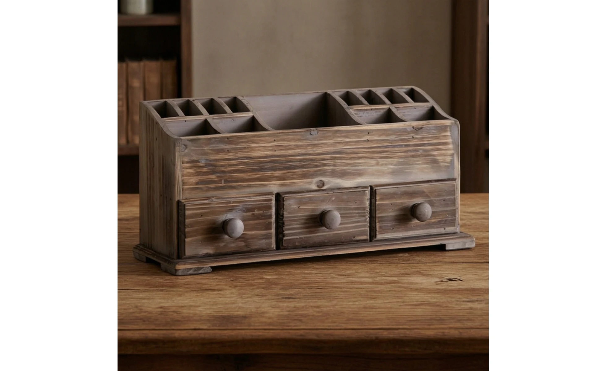 Caja organizadora con tres cajones y compartimentos superiores