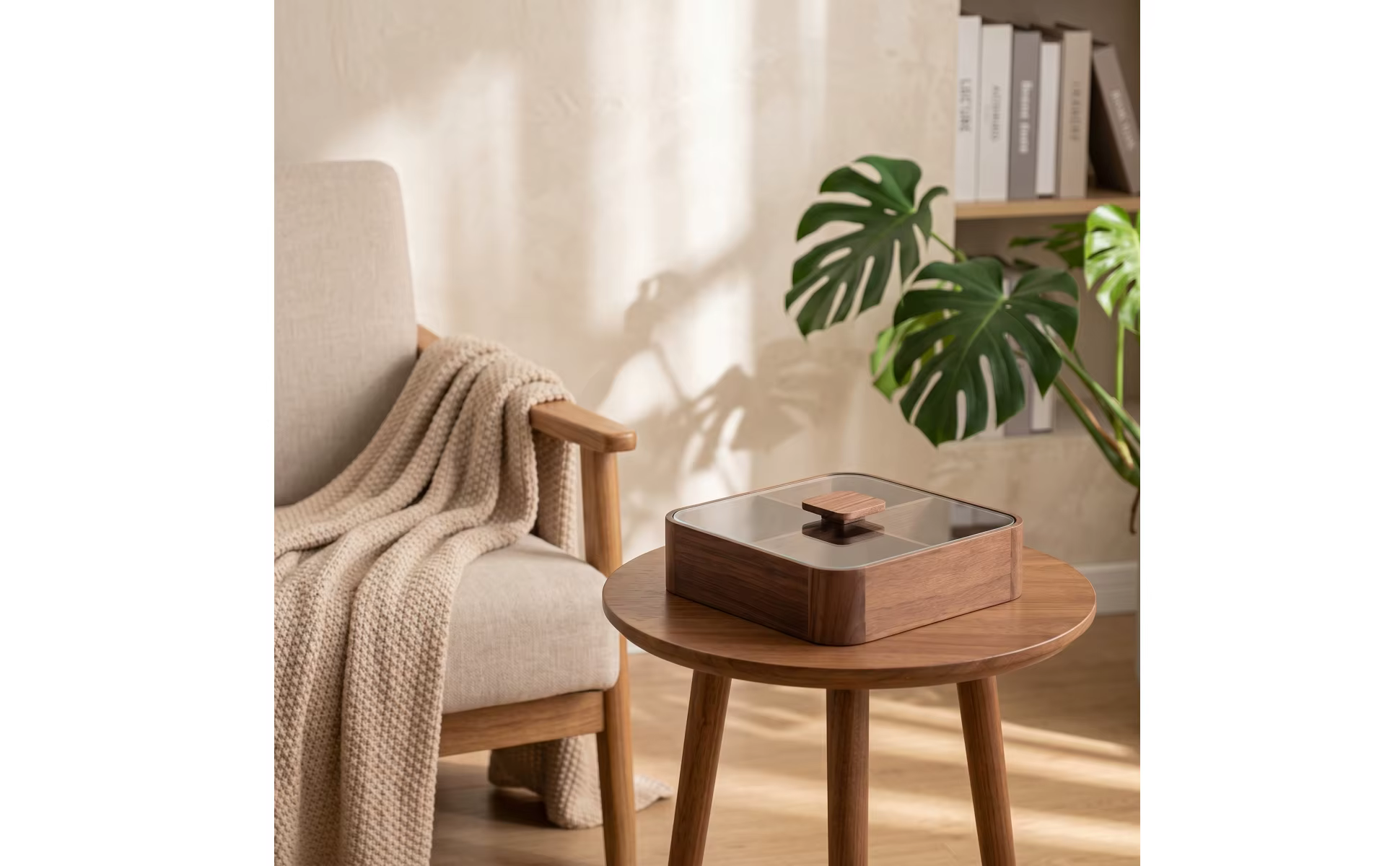 Caja organizadora de té en mesa de comedor