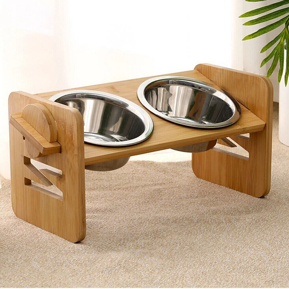 Comederos elevados para perros con soporte, bambú y acero inoxidable