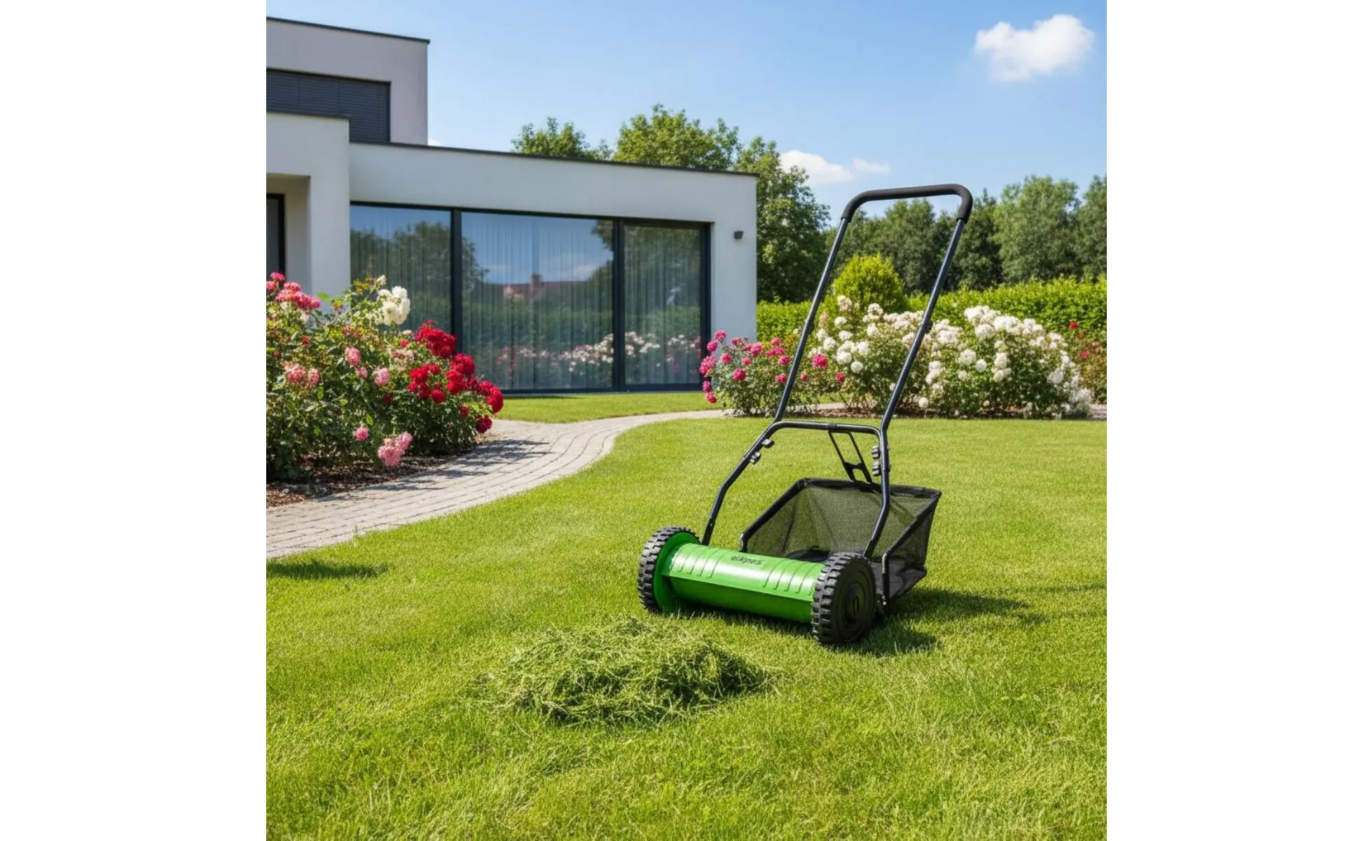Cortacésped manual inalámbrico en uso en jardín