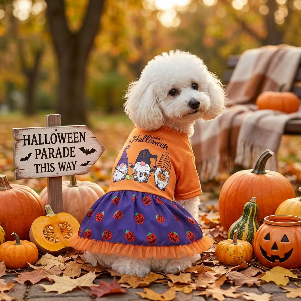 Disfraz de Halloween para perro con estampados de gnomos y calabazas