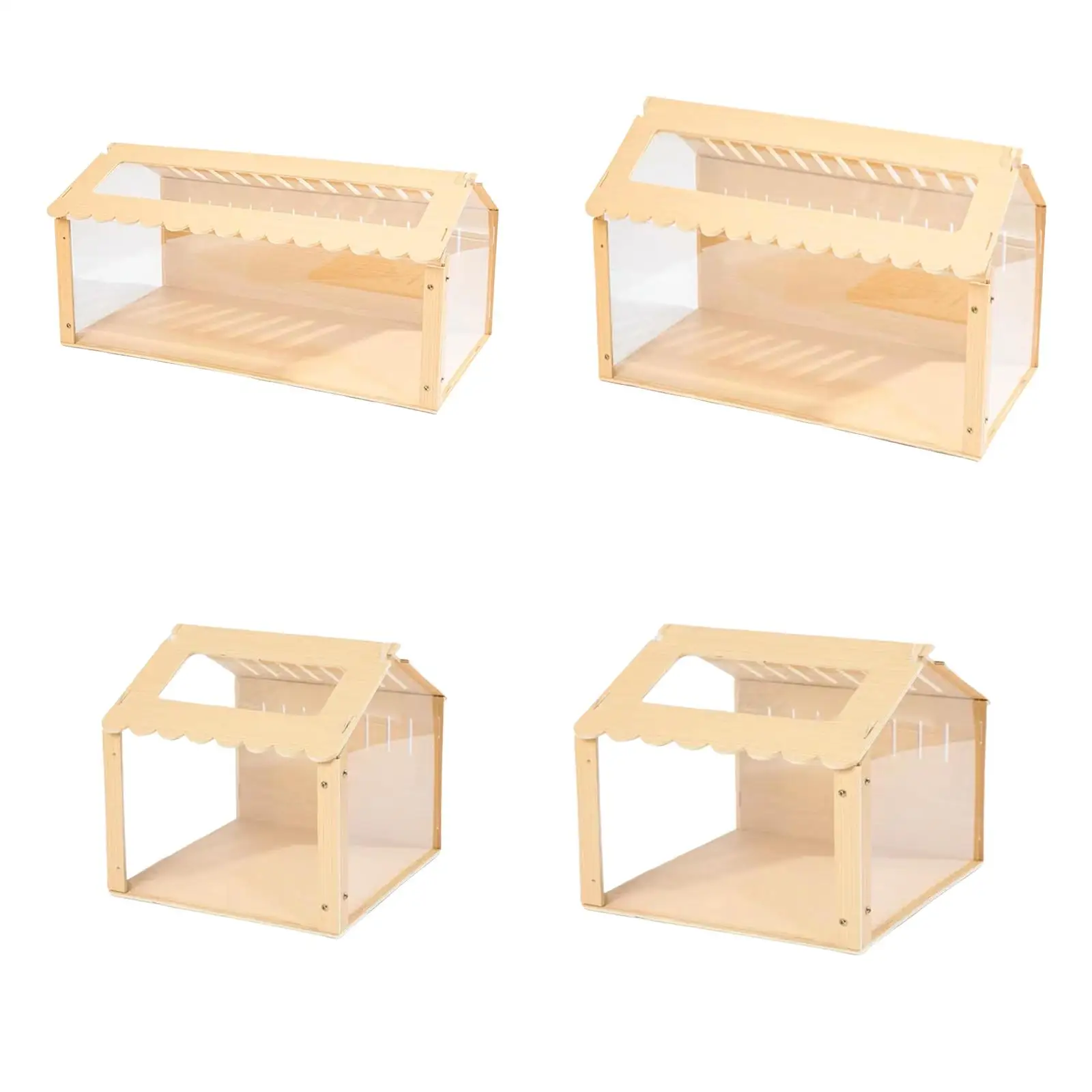 Vista frontal de la villa de madera con múltiples niveles y puertas de acceso