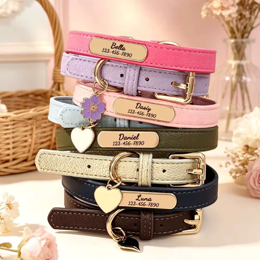 Collar personalizado de cuero suave con placa para perros y gatos - imagen 5
