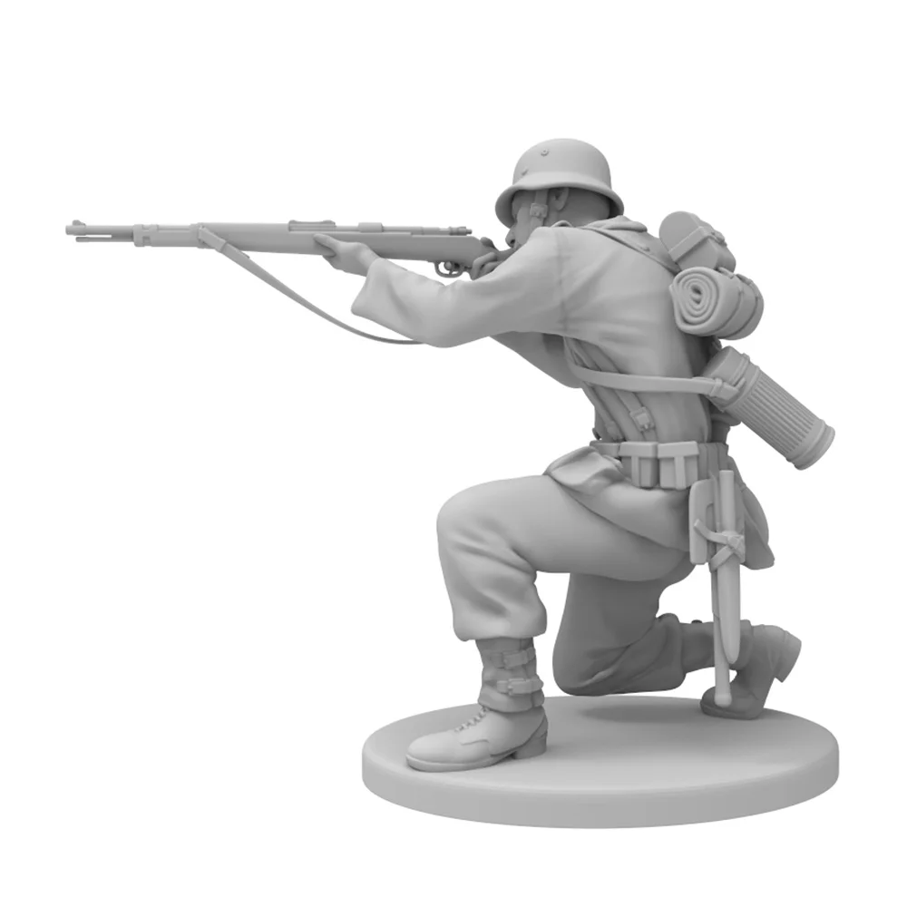 Vista lateral de la figura de soldado en postura de apuntar