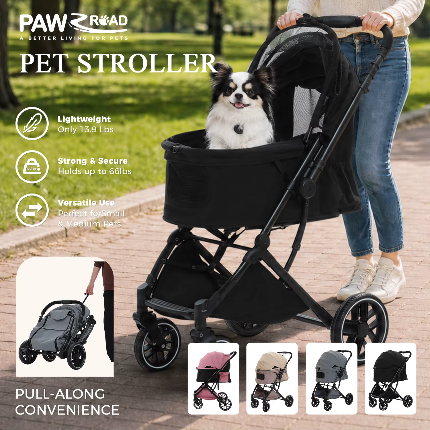 Detalle del plegado compacto y asa reversible del cochecito para mascotas