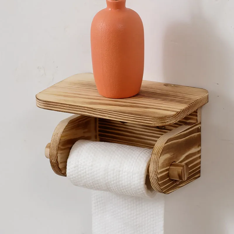 Portarrollos de papel para baño con estante y dispensador madera - imagen 4