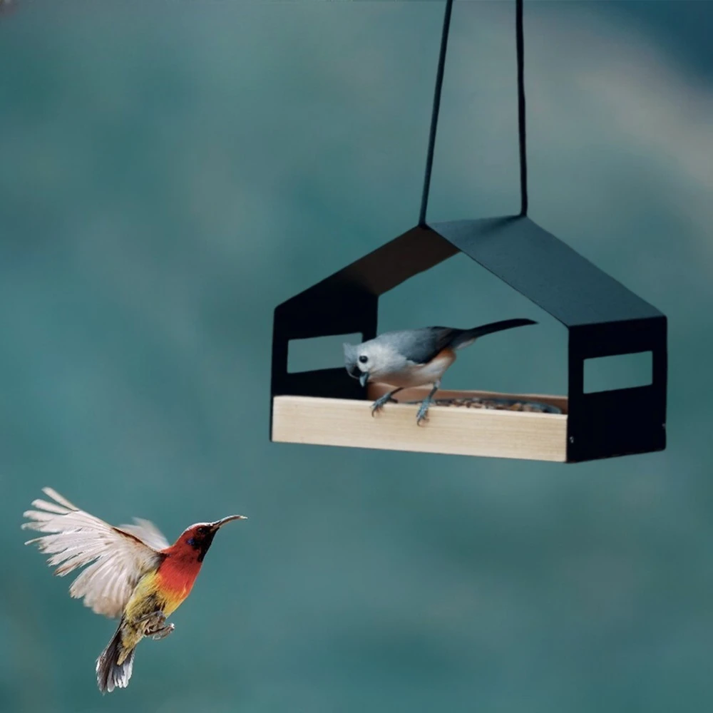 Comedero colgante para pájaros de madera y metal, exterior - imagen 5