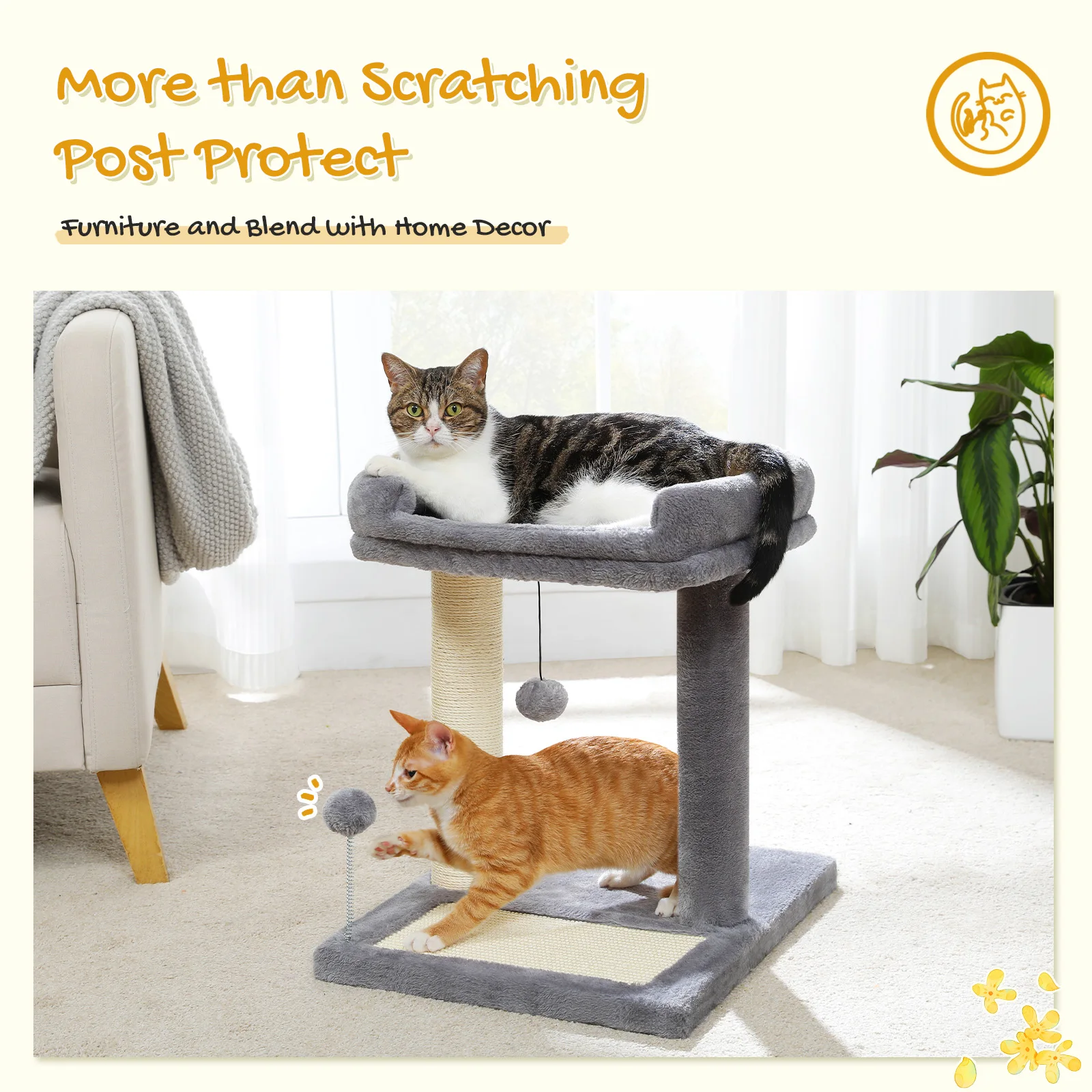 Vista lateral del árbol para gatos de 44 cm con plataforma y cama superior