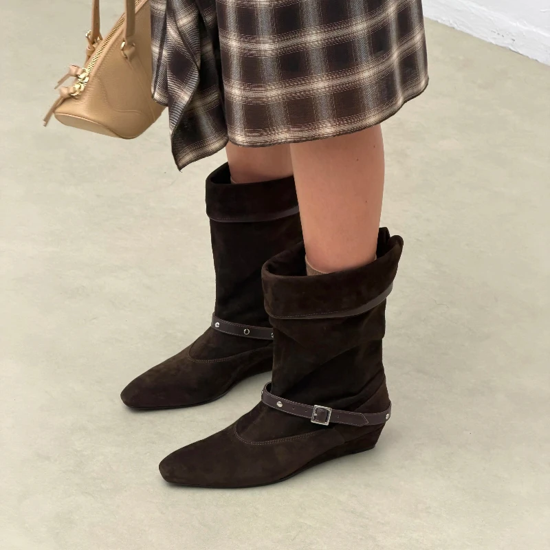 Botas de piel gamuza mujer con cuña – Botines plegables otoño invierno - imagen 3