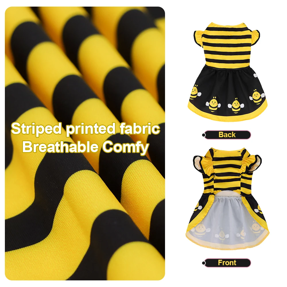 Mascota usando el traje abeja en entorno festivo