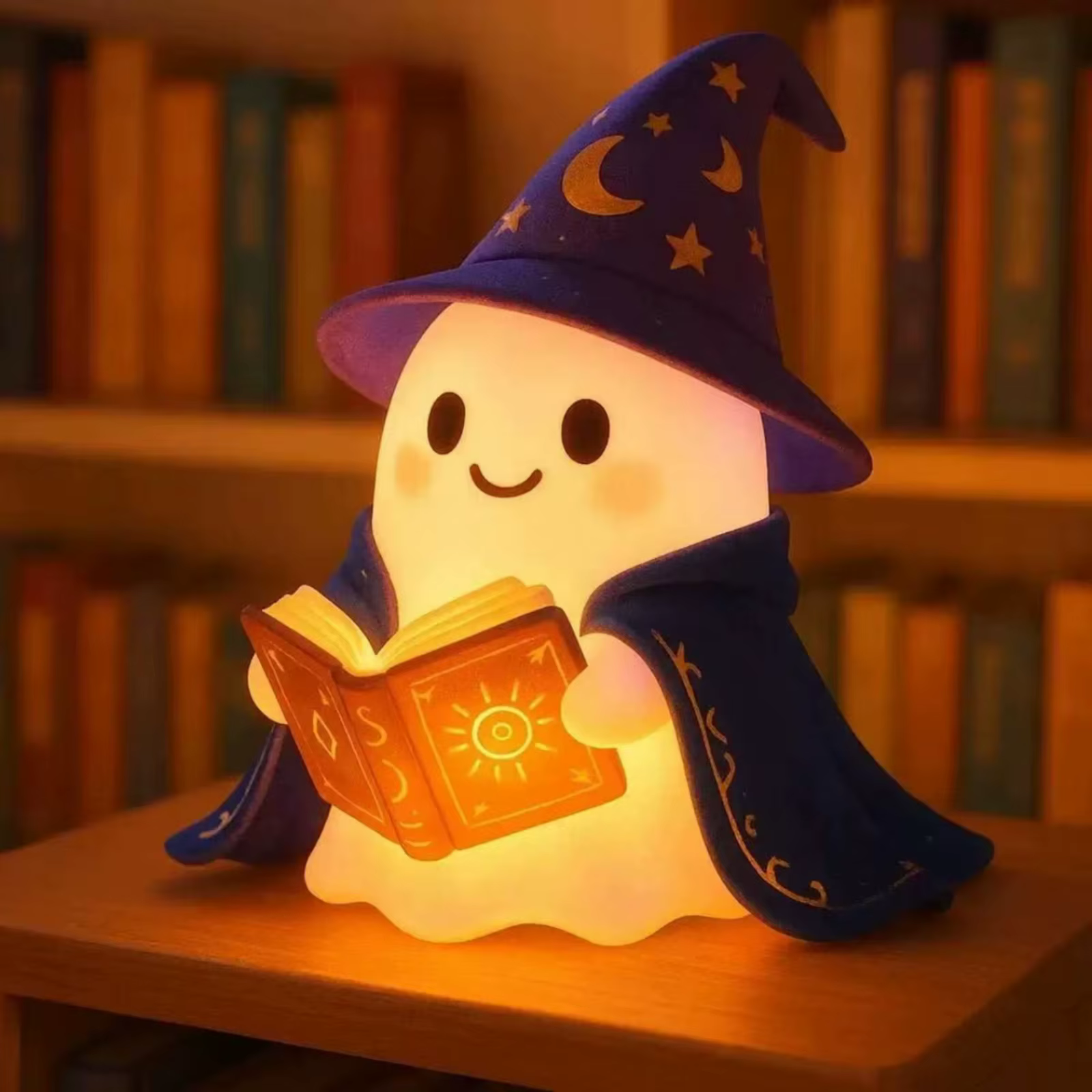 Figura Decorativa Fantasma Mago con Libro Brillante – Adorable para Mesa de Noche - imagen 4