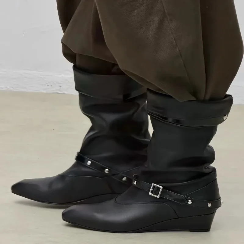 Botas de piel gamuza mujer con cuña – Botines plegables otoño invierno - imagen 4