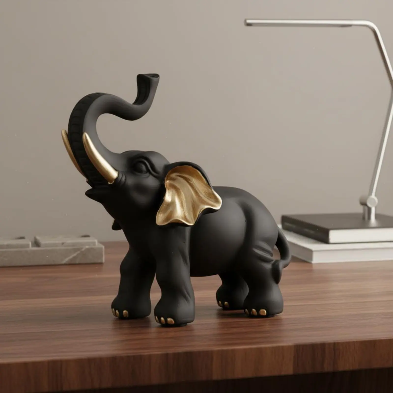 Figura elefante buena suerte negra y dorada, decoración hogar