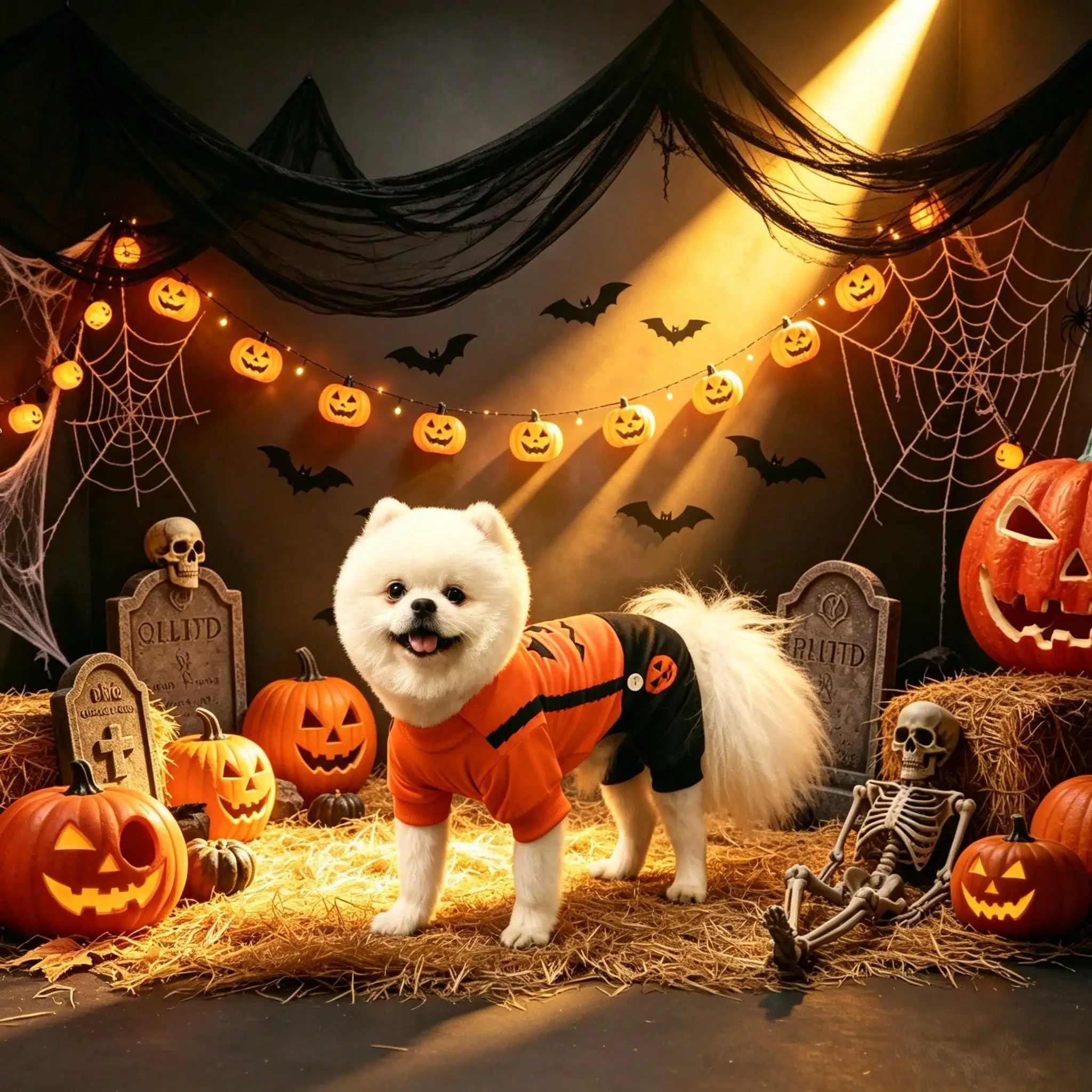 Perro y gato juntos vistiendo disfraces de calabaza para Halloween
