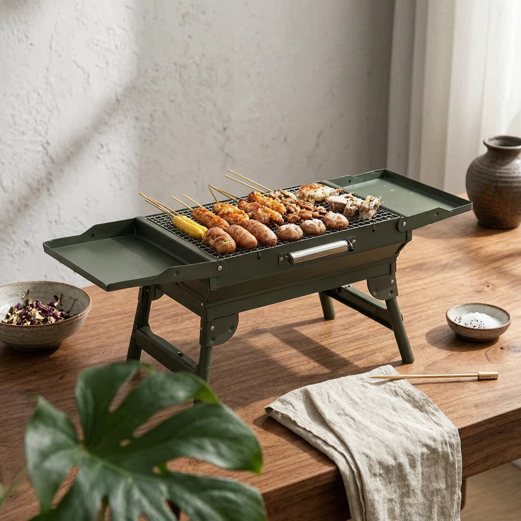 Barbacoa de carbón portátil plegable con mesas laterales para gatos - imagen 5