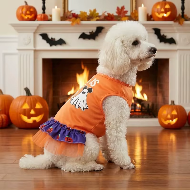 Fantasía de Halloween para perro y gato – Disfraz naranja de fantasma con falda de tul - imagen 2