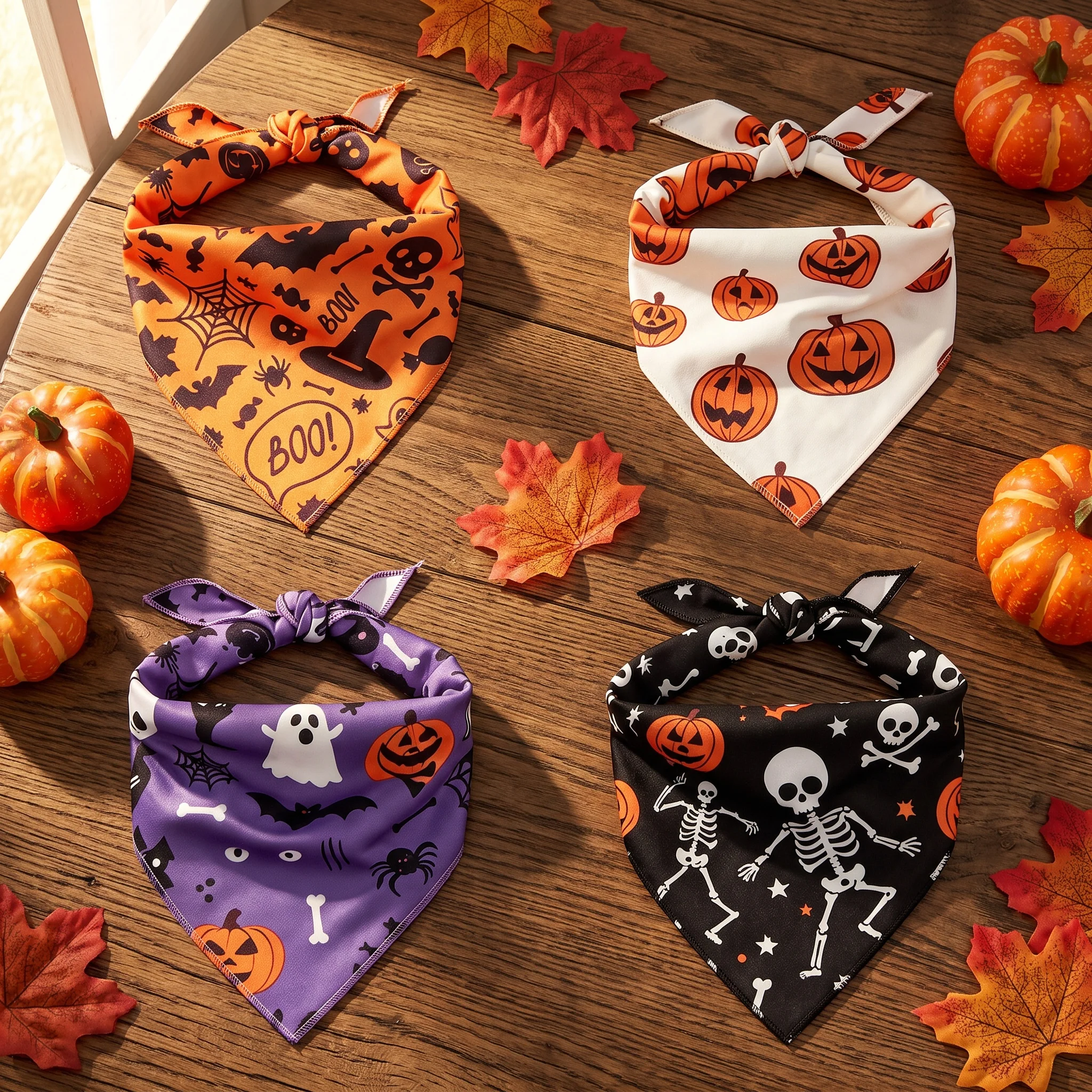 Pack de 4 pañuelos triangulares para Halloween de mascotas