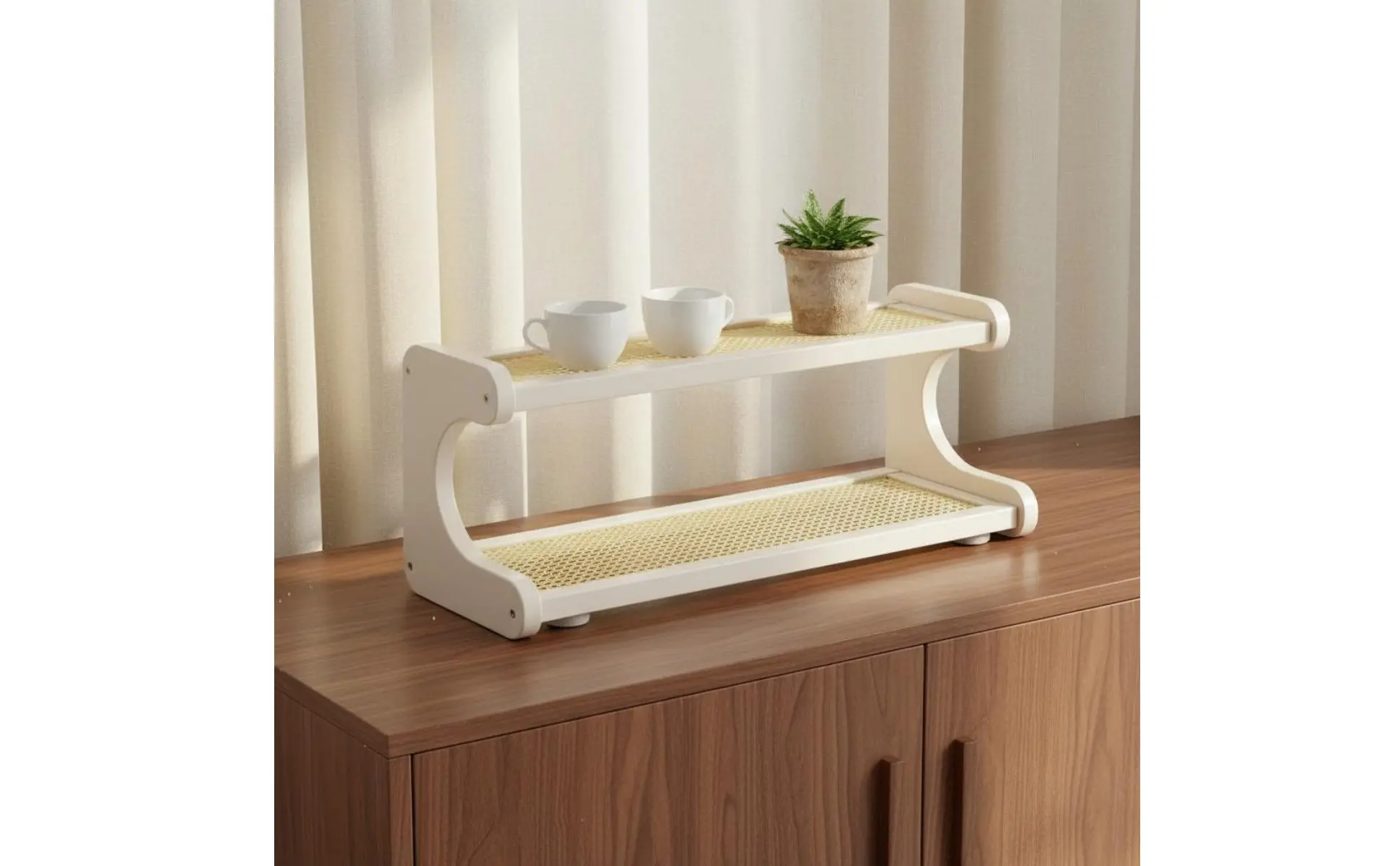 Vista frontal del soporte para tazas de 3 niveles