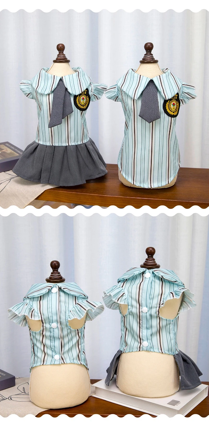 Vista trasera del vestido a rayas para gato mediano