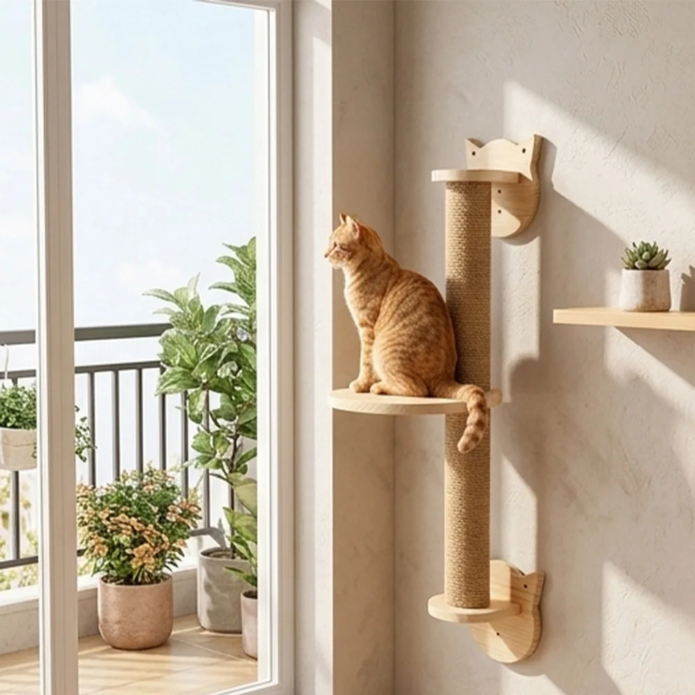 Rascador de pared para gatos con poste de sisal y plataforma