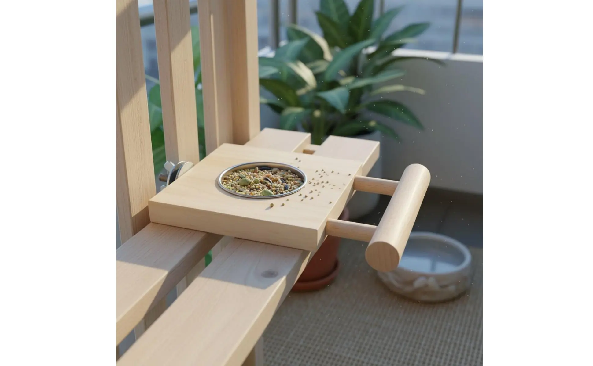 Comedero con soporte y percha para aves