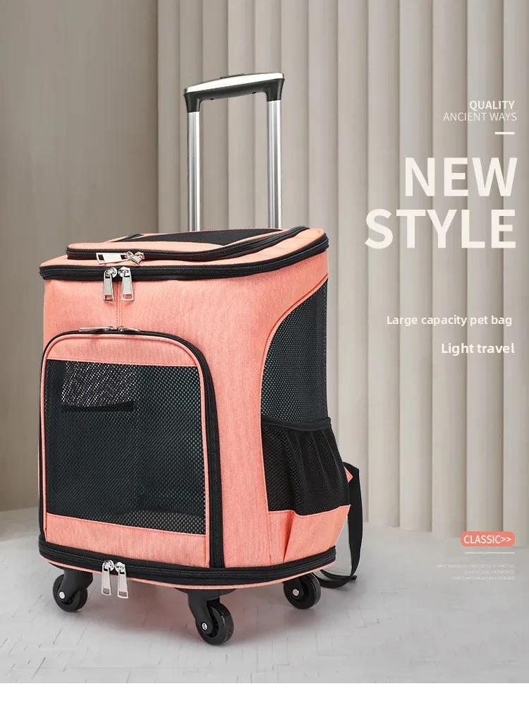 Mochila transportadora vista lateral con ruedas extendidas