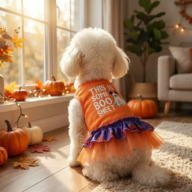 Fantasía de Halloween para perro y gato – Disfraz naranja de fantasma con falda de tul - imagen 3