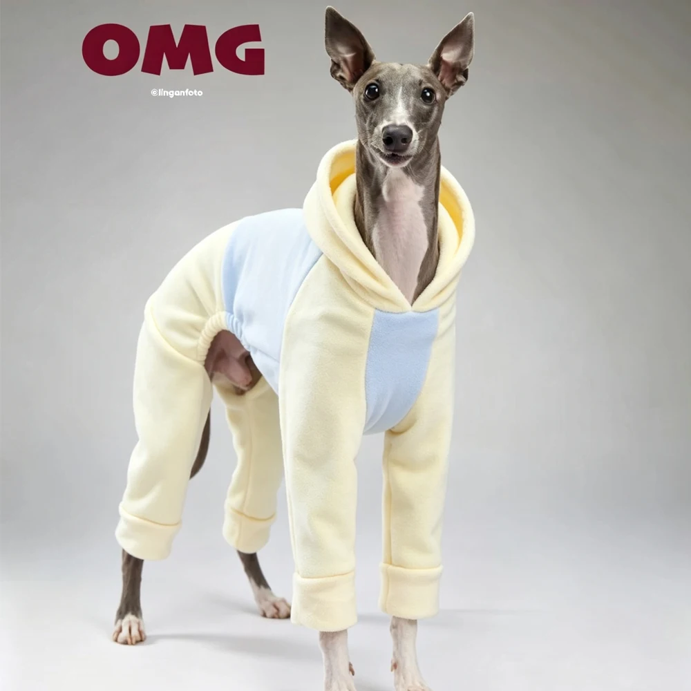 Vista lateral de la sudadera cálida para perros galgo con diseño de bloques de color
