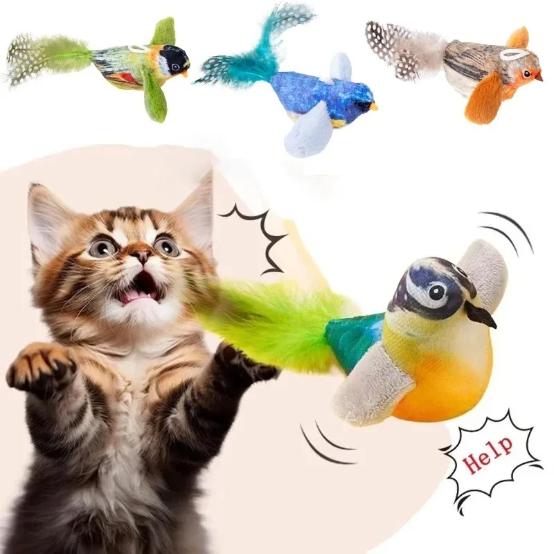 Juguete para gatos con imitación de sonido de pájaro y cuerda elástica