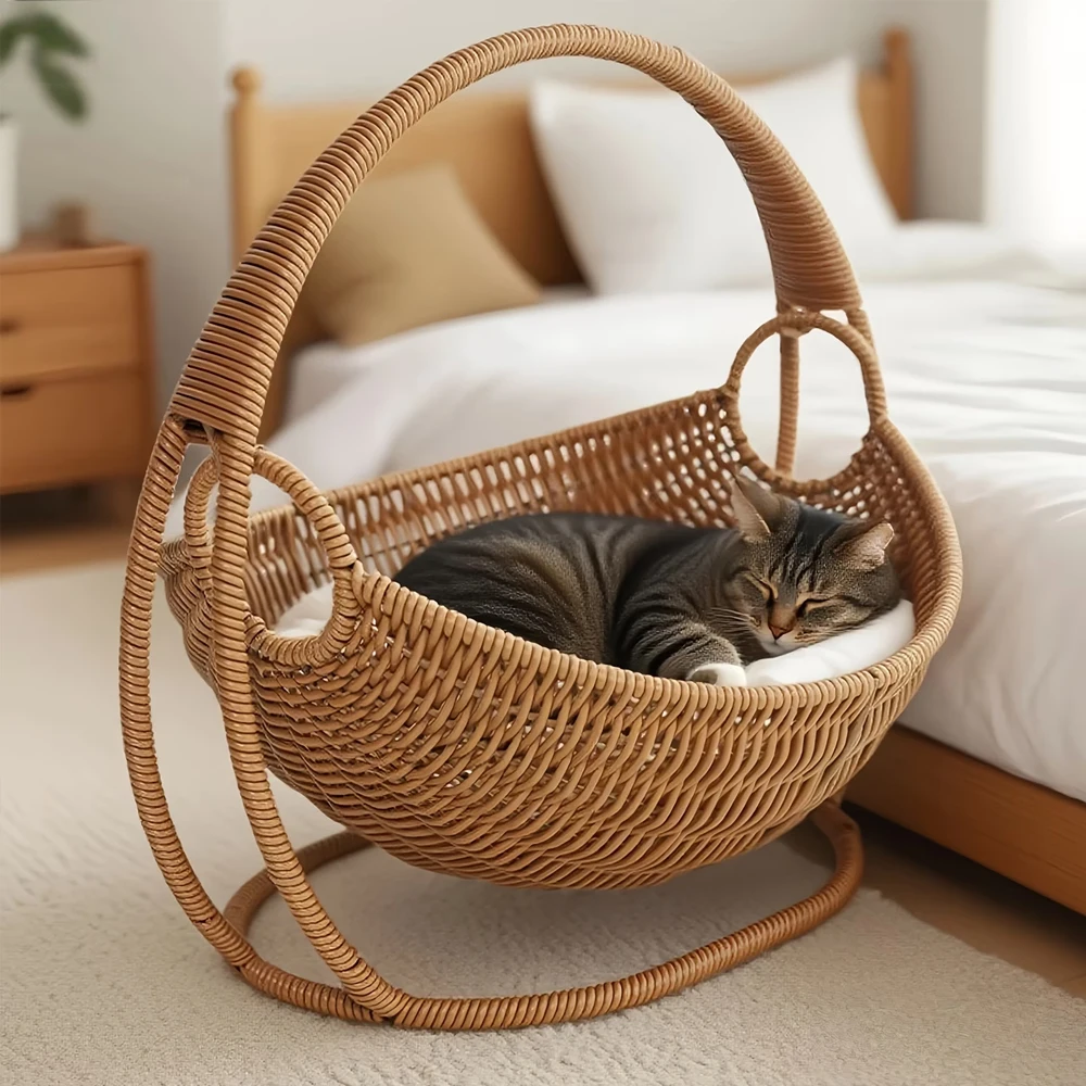 Cama cesta ratán transpirable para gatos y perros pequeños